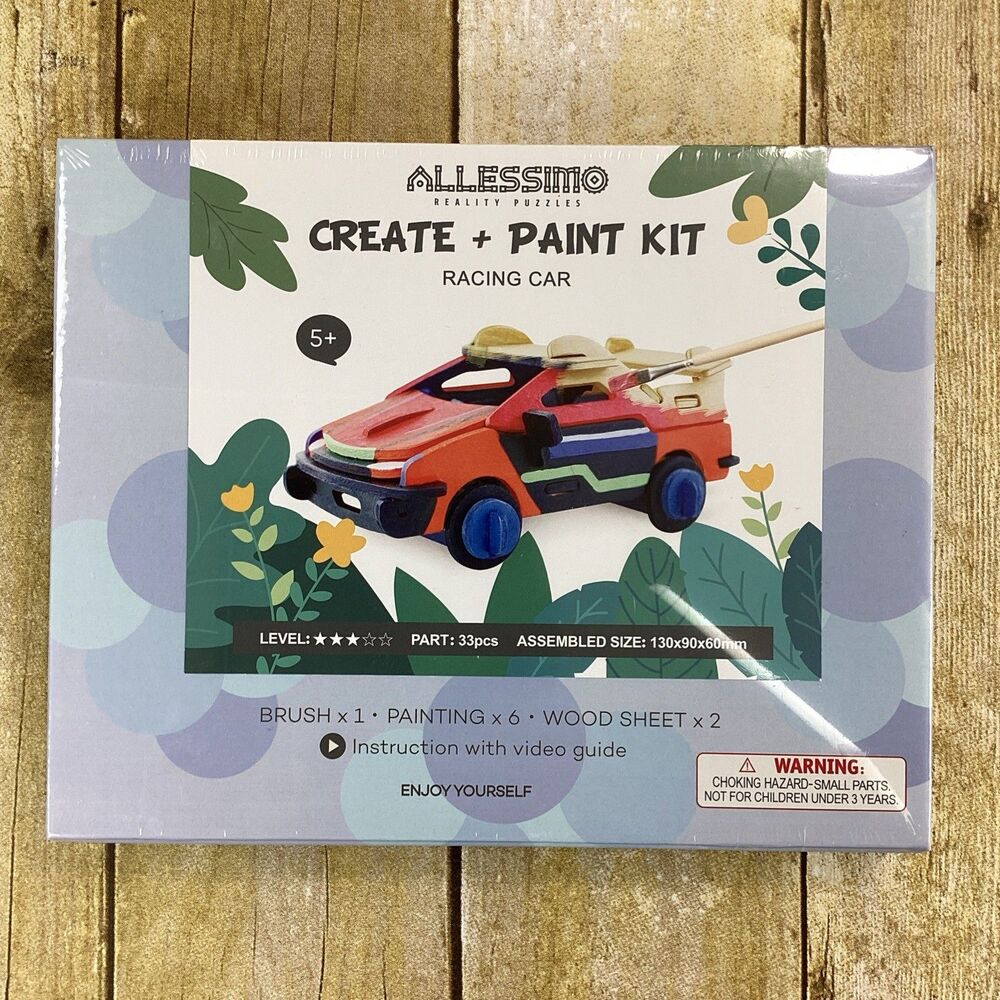 Allessimo 3D Wooden Race Car Model Paint Kit Kids 33pcs New Sealed